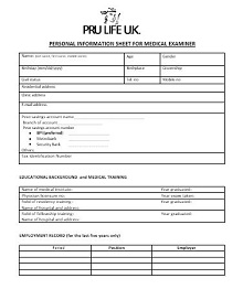 Personal Medical Information Sheet