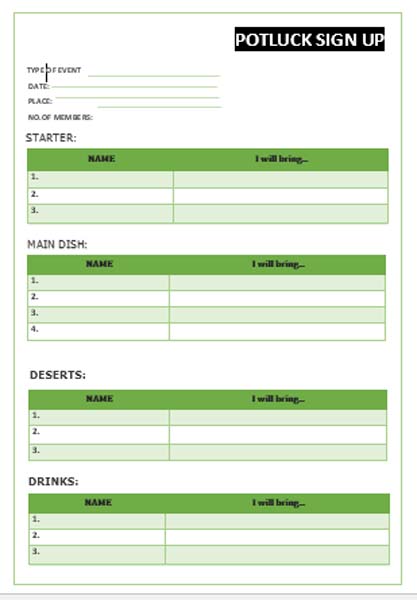 Potluck sheet word or excel