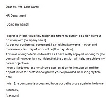 formal resignation letter with 2 weeks notice