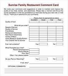 Family Restaurant Comment Card