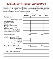 Restaurant Food Comment Card