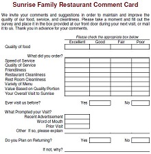 Comment Card for Family Restaurant