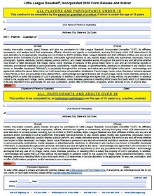 Little League Incorporated Form Release and Waiver