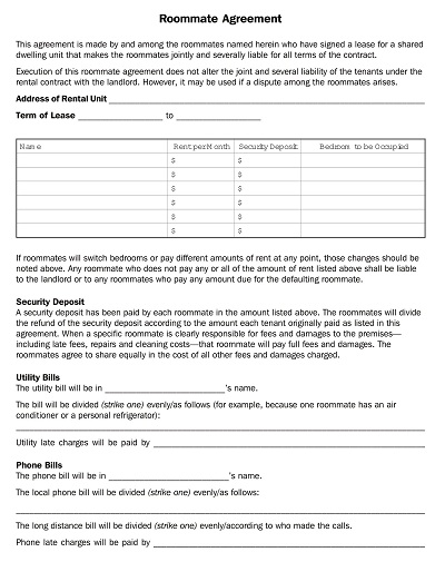 Blank Roommate Agreement Template
