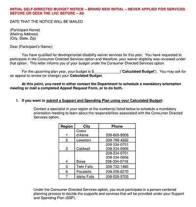 Initial Self-directed Budget Notice