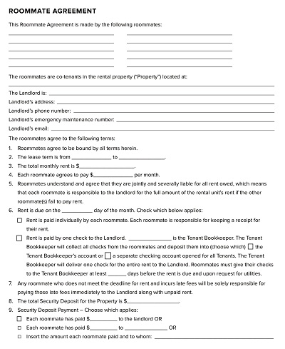 Landlord Roommate Lease Agreement Format