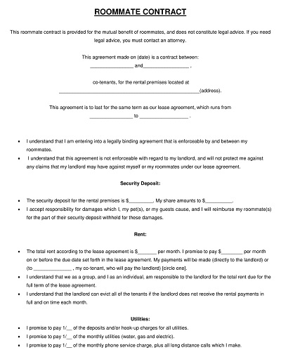 Off Campus Roommate Contract Template