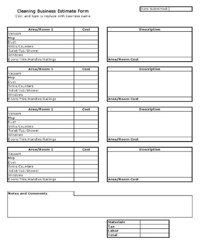 Sample Cleaning Business Estimate Form