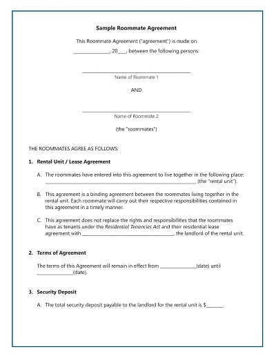 Sample Roommate Agreement for Alberta Renters