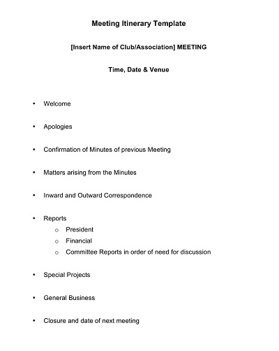 Basic Meeting Itinerary Template