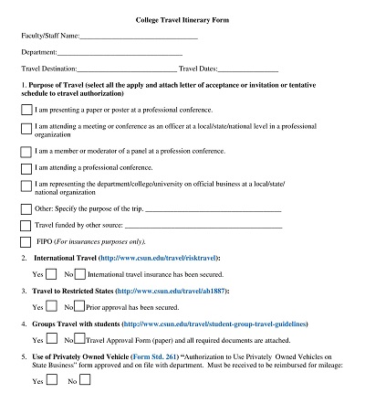 College Travel Itinerary Form Template