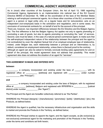 Commercial Hotel Agency Agreement Template