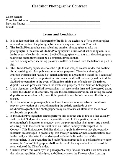 Headshot Photography Contract Template