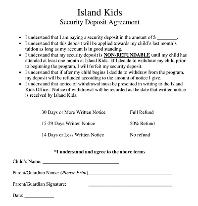Island Kids Security Deposit Agreement Template