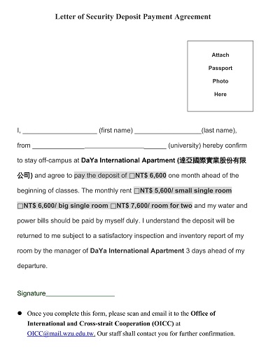 Letter of Security Deposit Payment Agreement