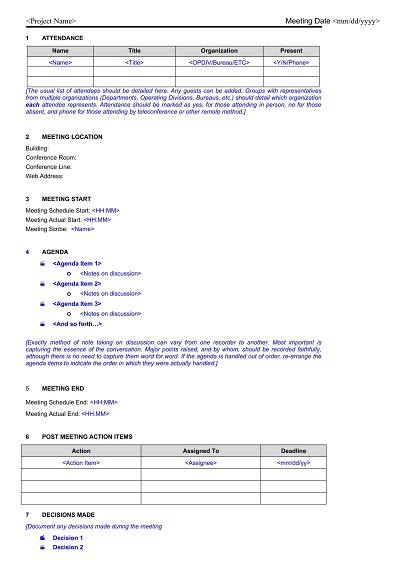 Meeting Minutes Itinerary Template