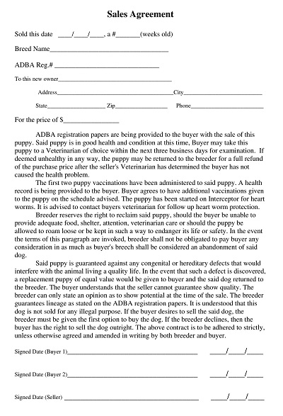 One Page Puppy Sales Agreement Contract Template