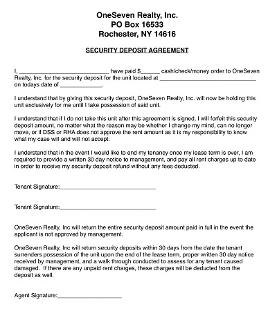 OneSeven Realty Security Deposit Agreement Template