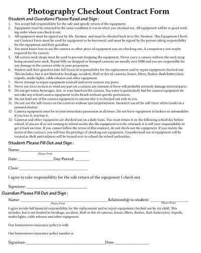 Photography Checkout Contract Form