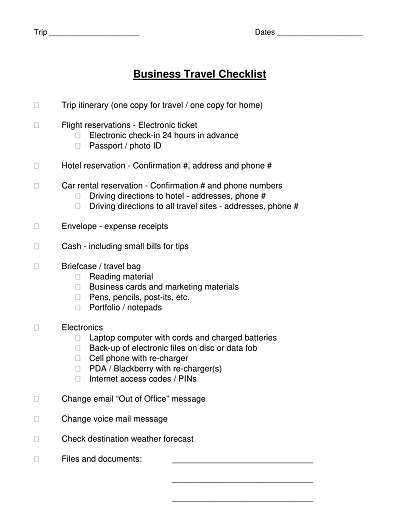 Printable Business Travel Checklist Template