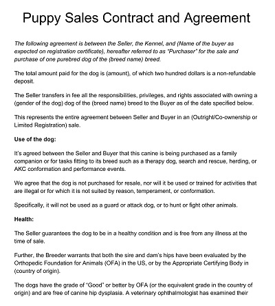 Puppy Sales Contract And Agreement
