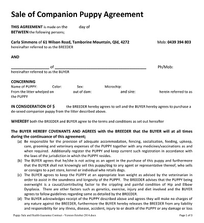 Sale of Companion Puppy Agreement Contract