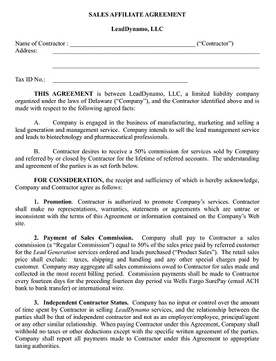Sales Affiliate Agreement Template