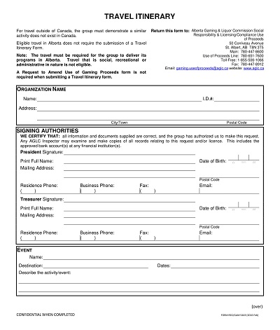 Sample Business Travel Itinerary Form