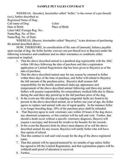 Sample Pet sales Contract Template