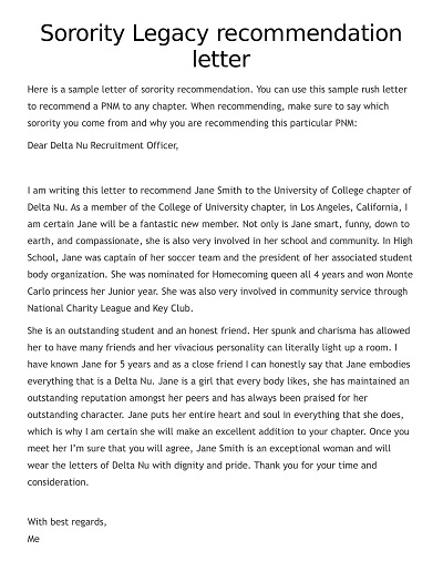 Sorority Legacy Recommendation Letter
