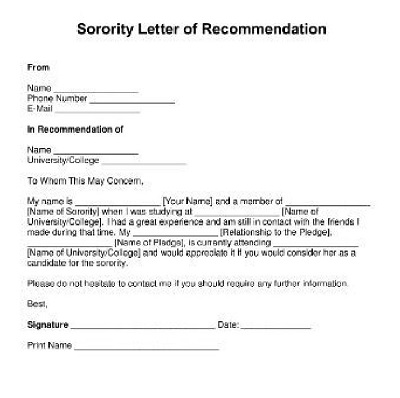 Sorority Request Letter of Recommendation