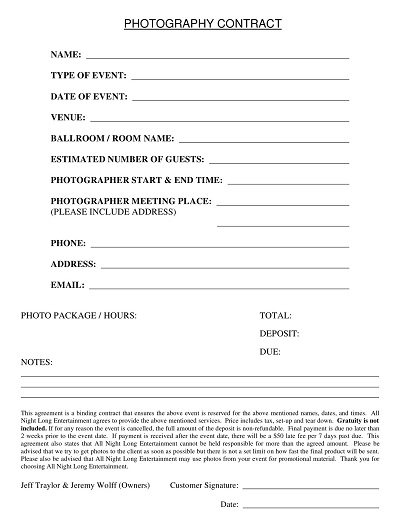 Standard Photography Contract Template
