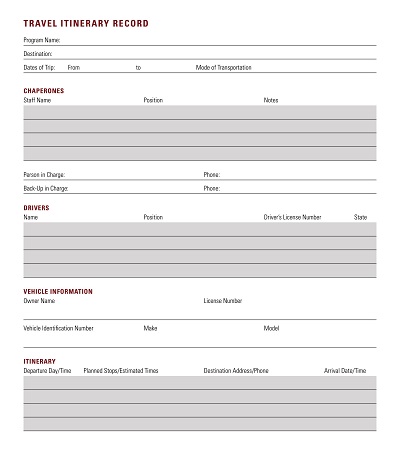 Travel Itinerary Record Template