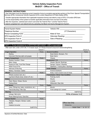 Vehicle Safety Inspection Form