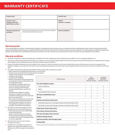 Alca Plast Warranty Certificate Template