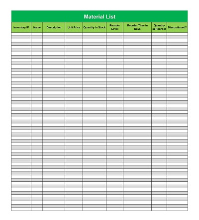 Blank Material List Sample
