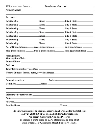 Blank Obituary Form Template PDF