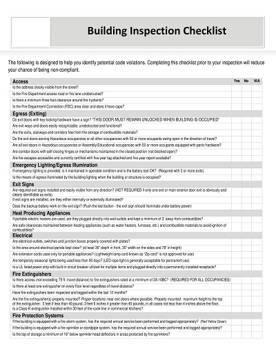 Building Inspection Checklist Sample