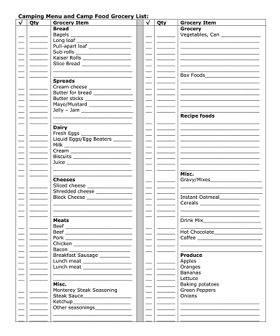 Camp Menu Grocery Checklist Template