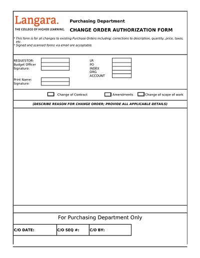 Change Order Authorization Form Template