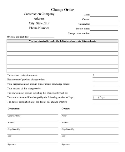 Change Order Construction Form Template