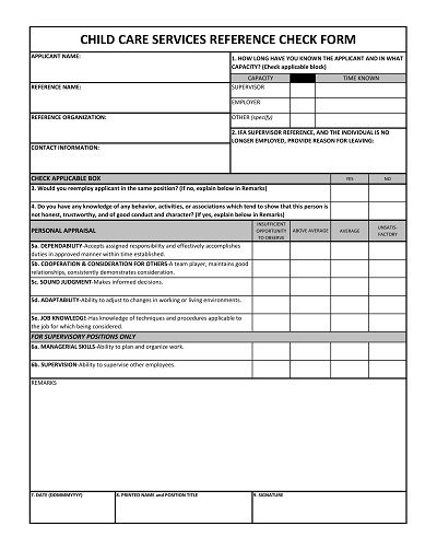 Child Care Service Reference Check Form