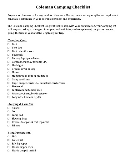 Coleman Camping Checklist Template