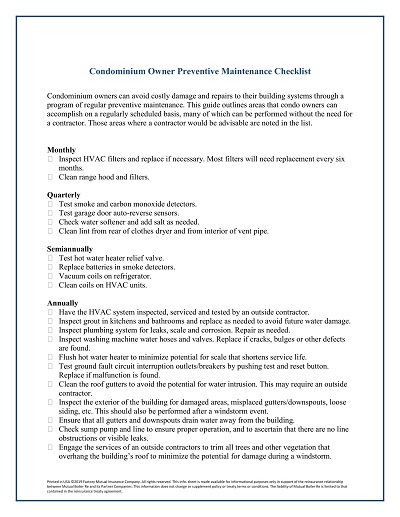 Condominium Owner Maintenance Checklist