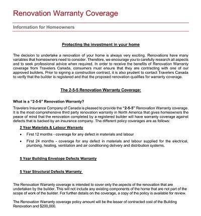Construction Renovation Project Warranty Certificate