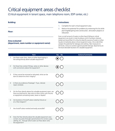 Critical Equipment Areas Checklist