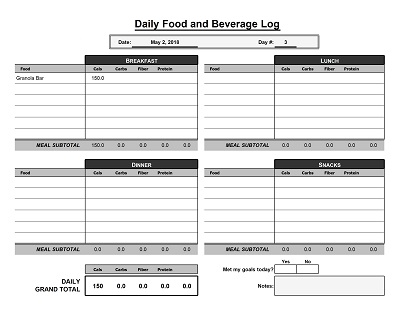 Drink Food Log Template Excel