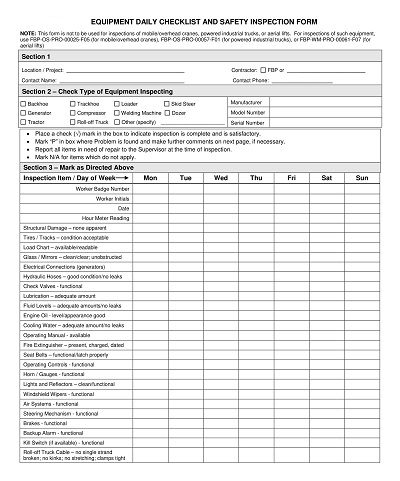Equipment Daily Checklist Template