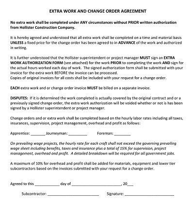 Extra Work and Change Order Agreement