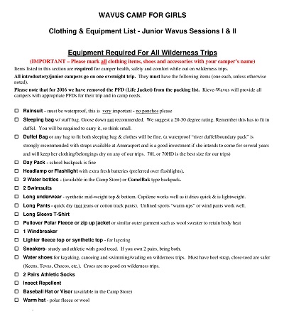 Girls Camping Clothes and Equipment Checklist